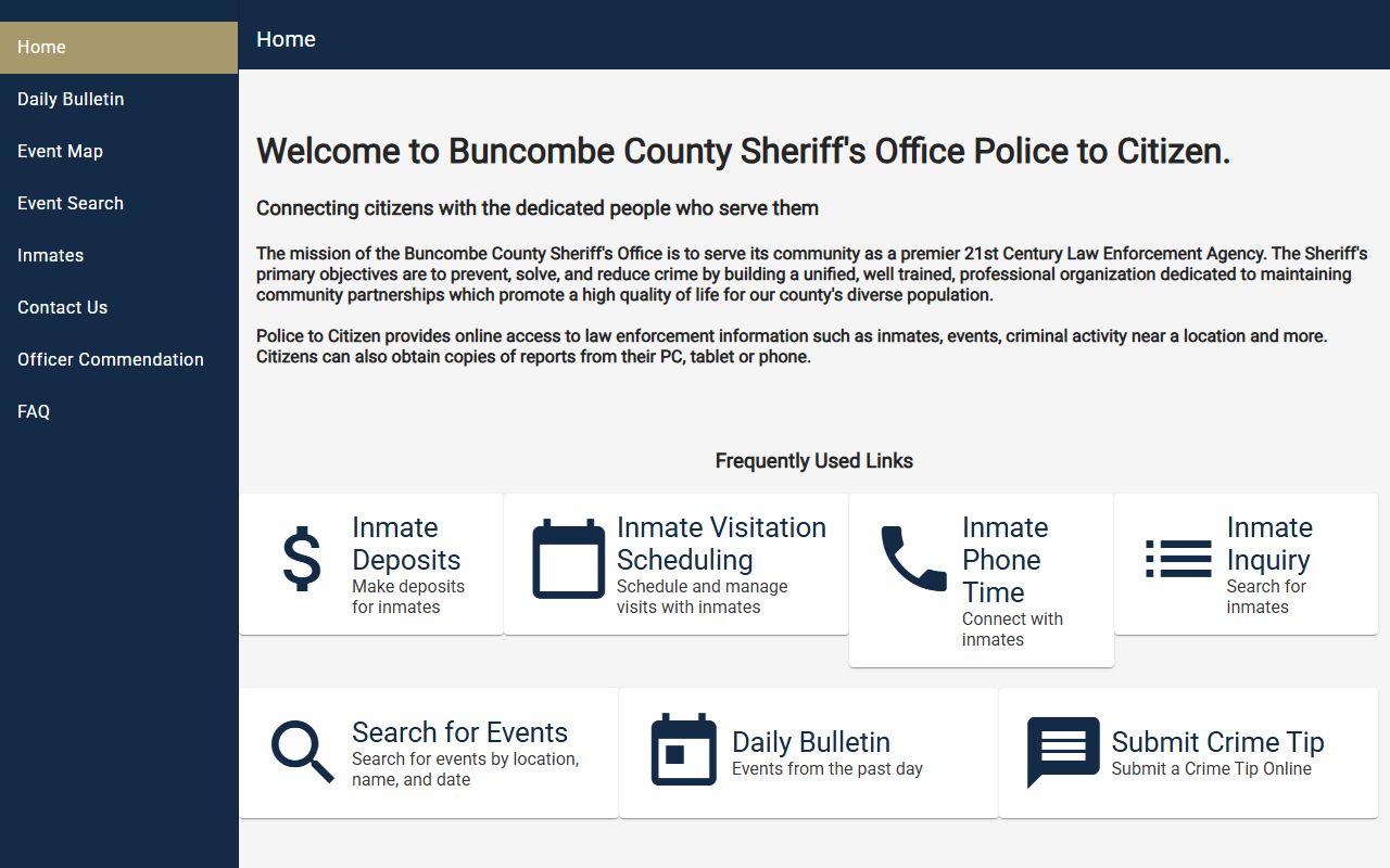 Buncombe County booking releases P2C portal interface