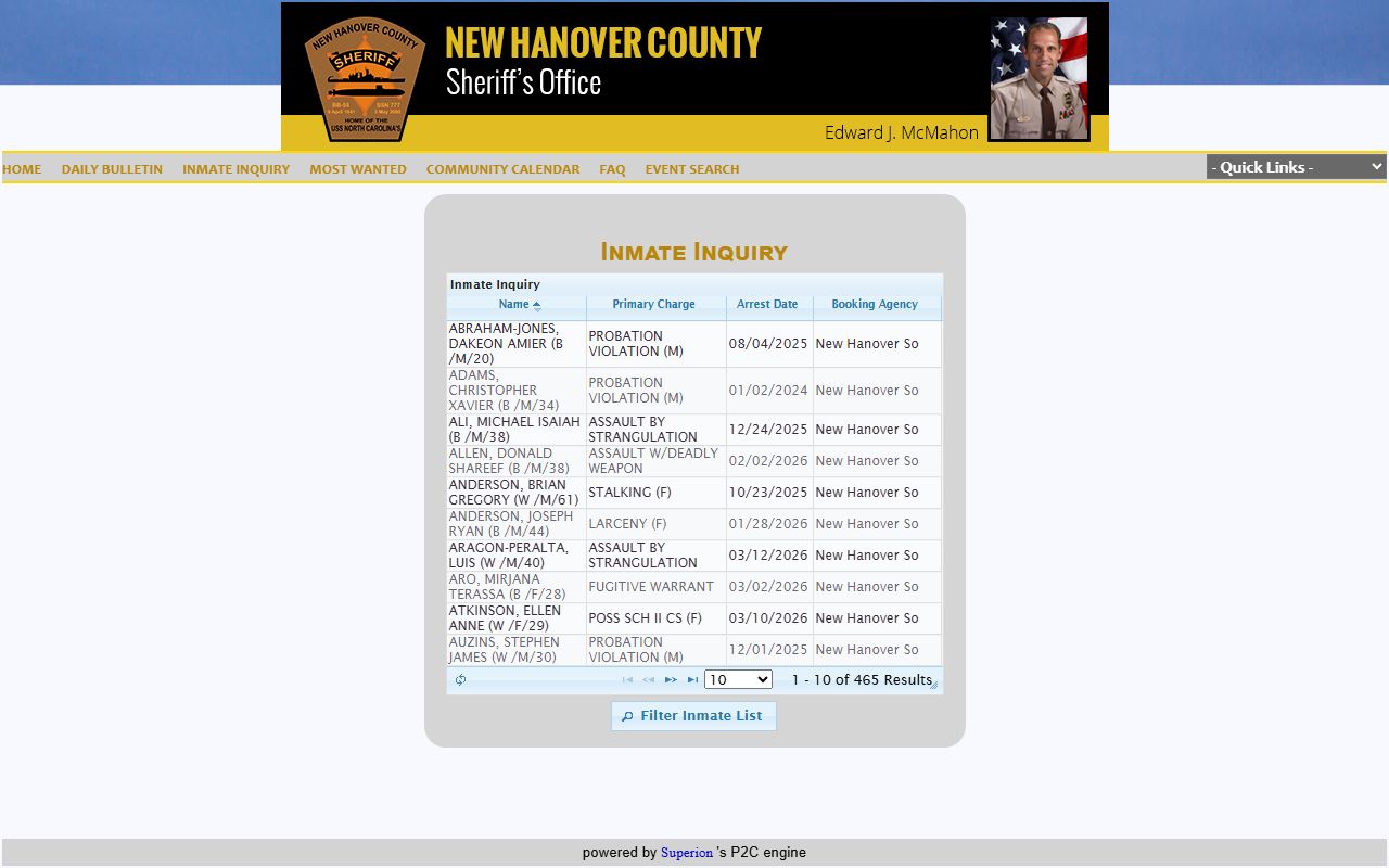 New Hanover County booking releases inmate search portal