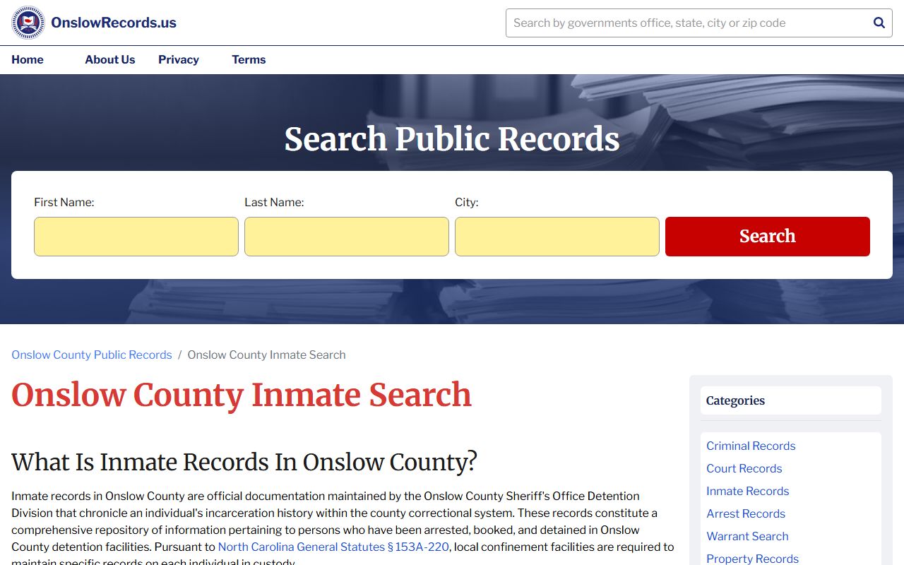 Onslow County inmate search tool for booking releases