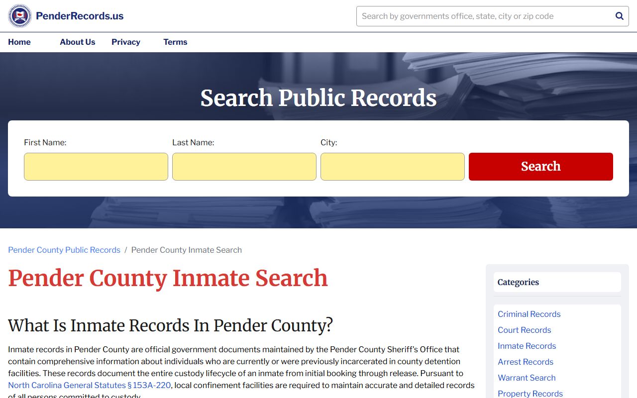 Pender County inmate search for booking releases