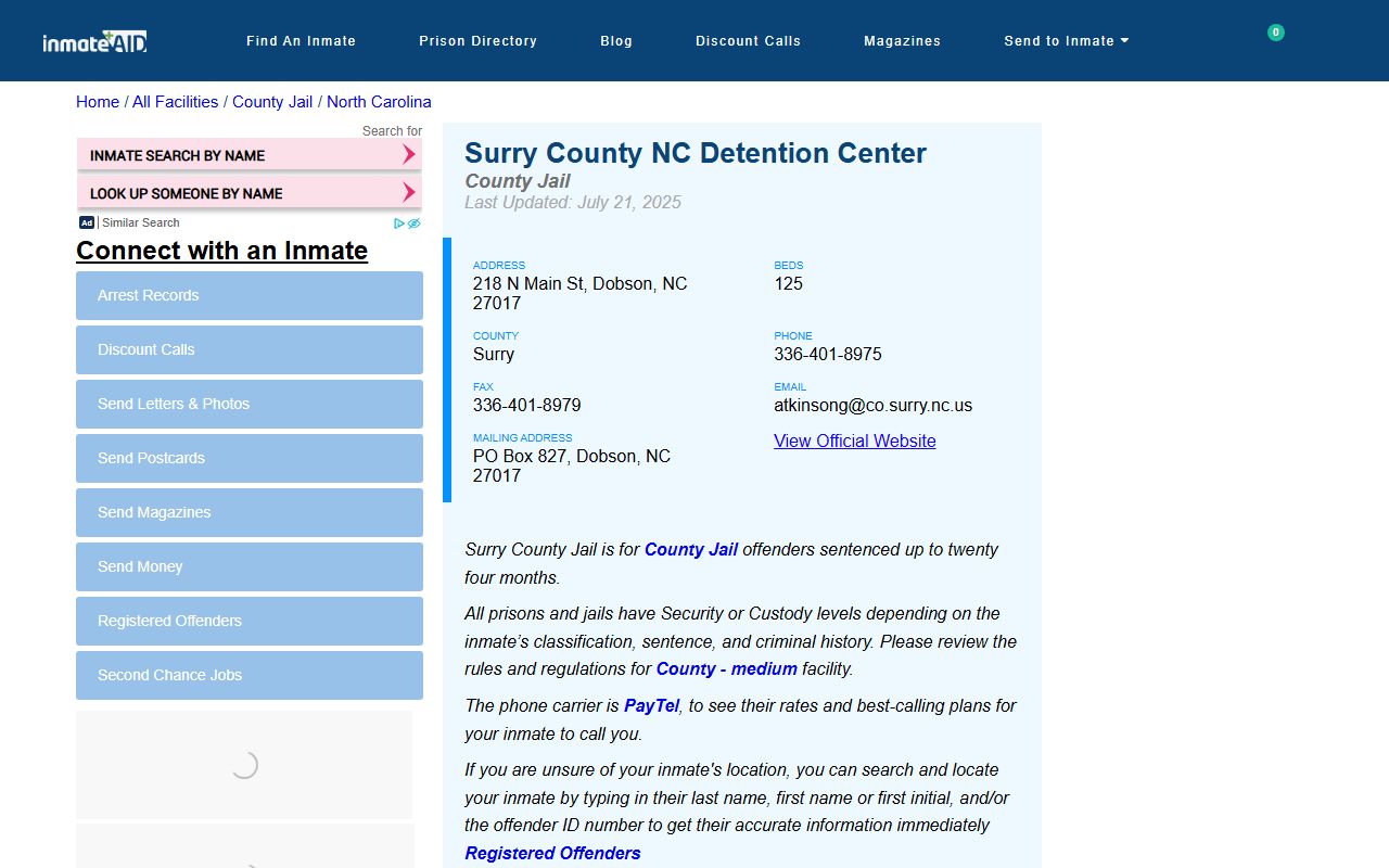 Surry County jail information for booking releases