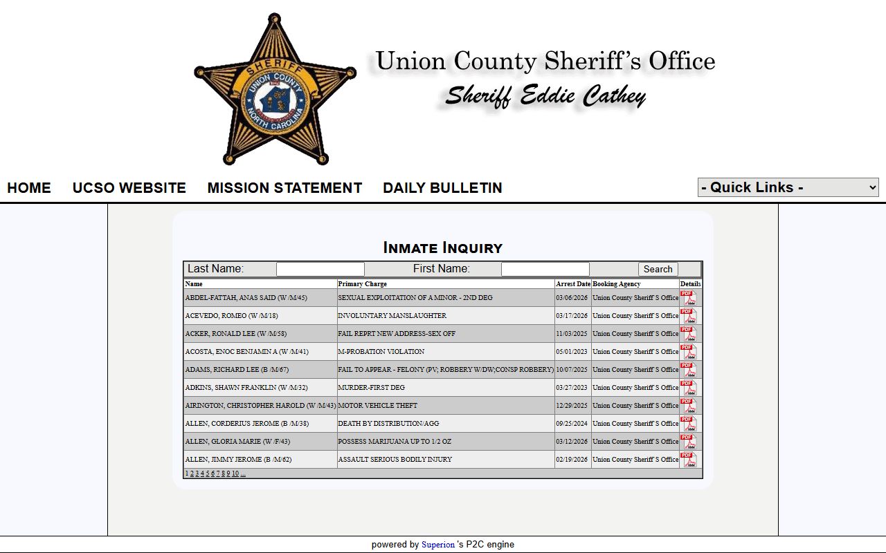 Union County inmate search for booking releases