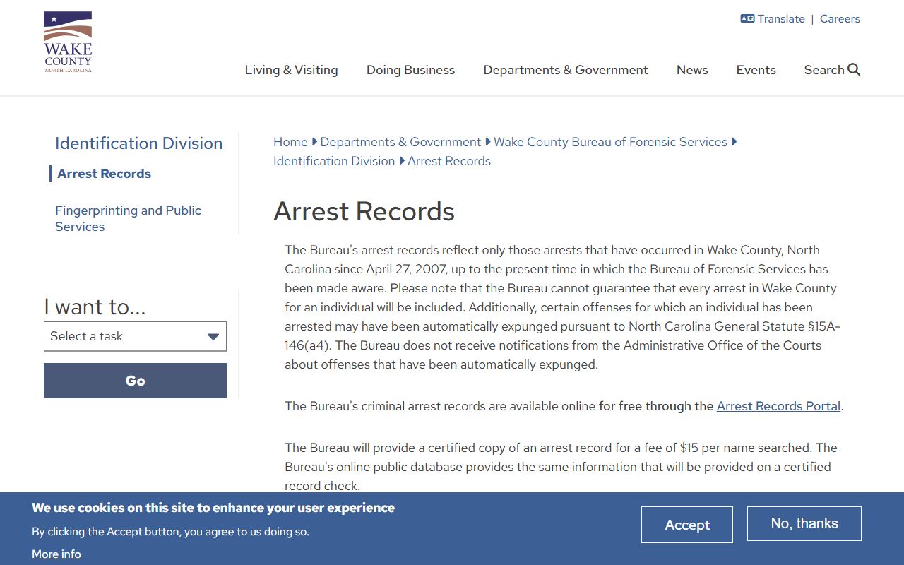 Wake County Sheriff CCBI arrest records search page for Wake County booking releases