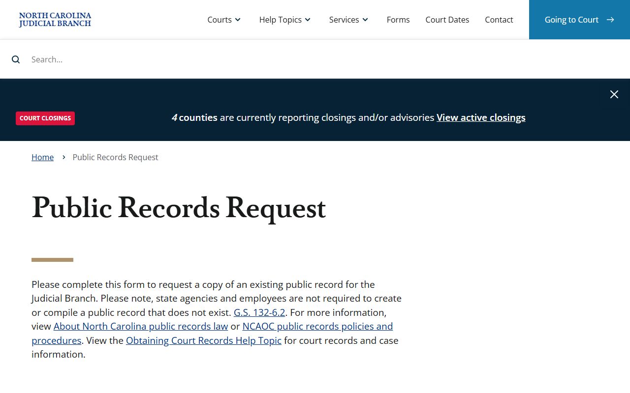 North Carolina Courts public records request page for booking releases