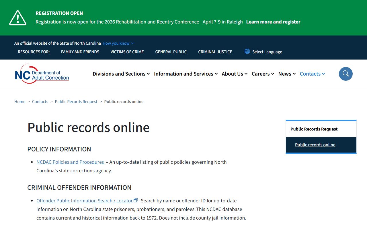 North Carolina DAC records online portal for booking releases